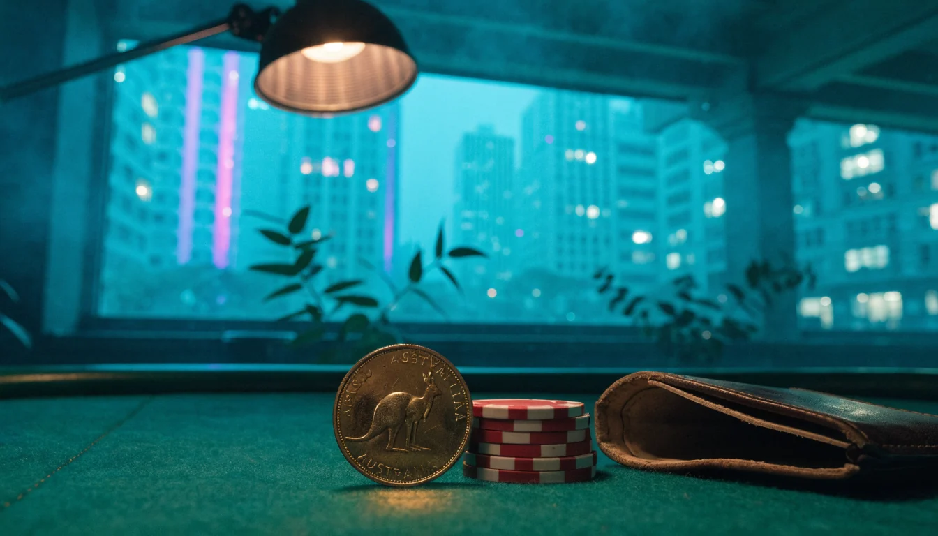 Australian one-dollar coin beside poker chips on green felt table