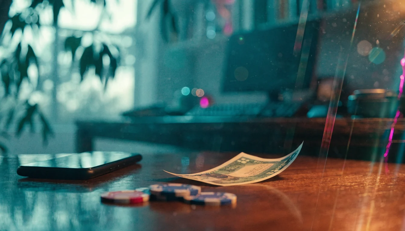 Small Australian banknote, smartphone, and casino chips on a wooden table.