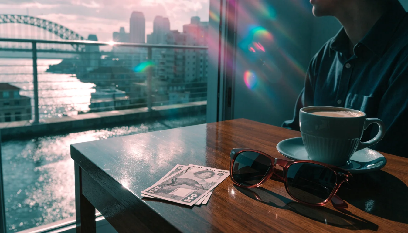 Australian five-dollar banknotes on a balcony table with Sydney Harbour Bridge in the background.