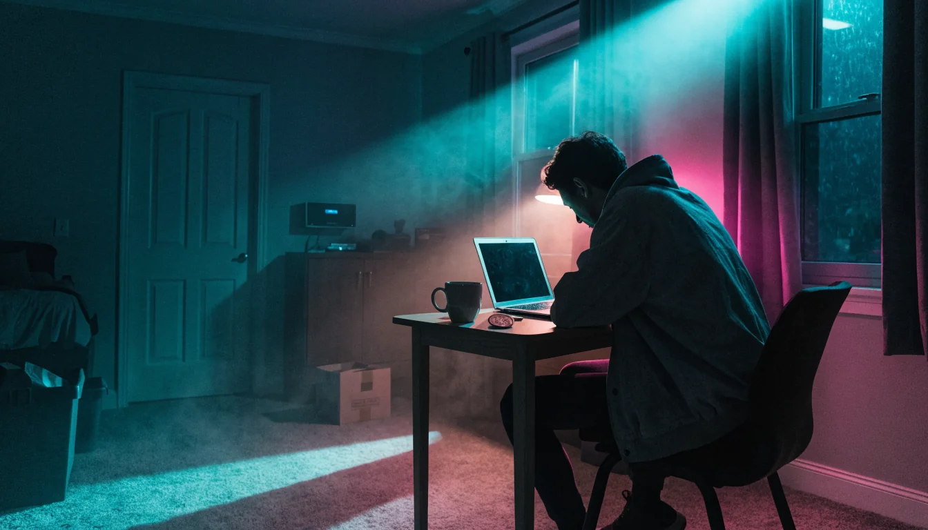 Hooded person at desk with laptop and single crypto coin at night.