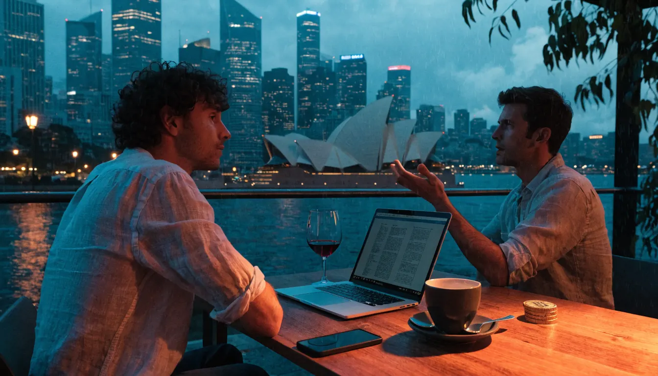 Sydney harbor cafe terrace with Bitcoin tokens, devices, and friends at dusk