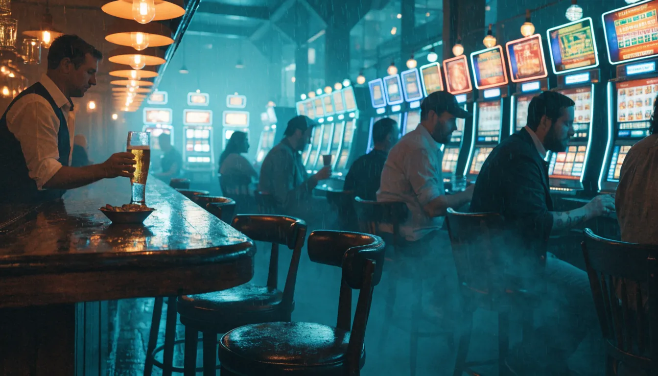 Australian pub interior with glowing pokie machines and a quiet bar counter.