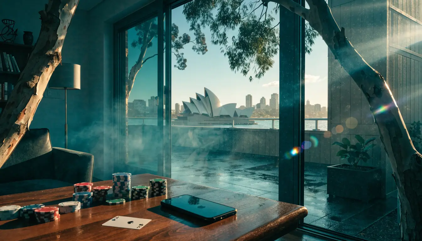 iPhone face-down with poker chips in apartment overlooking Sydney Harbour