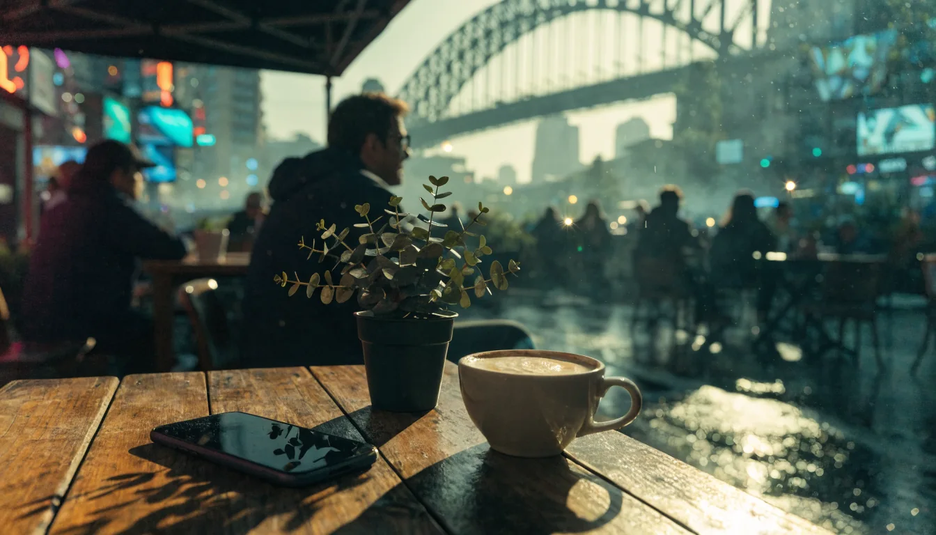 Smartphone face-down on a cafe table in Sydney with the Harbour Bridge behind.