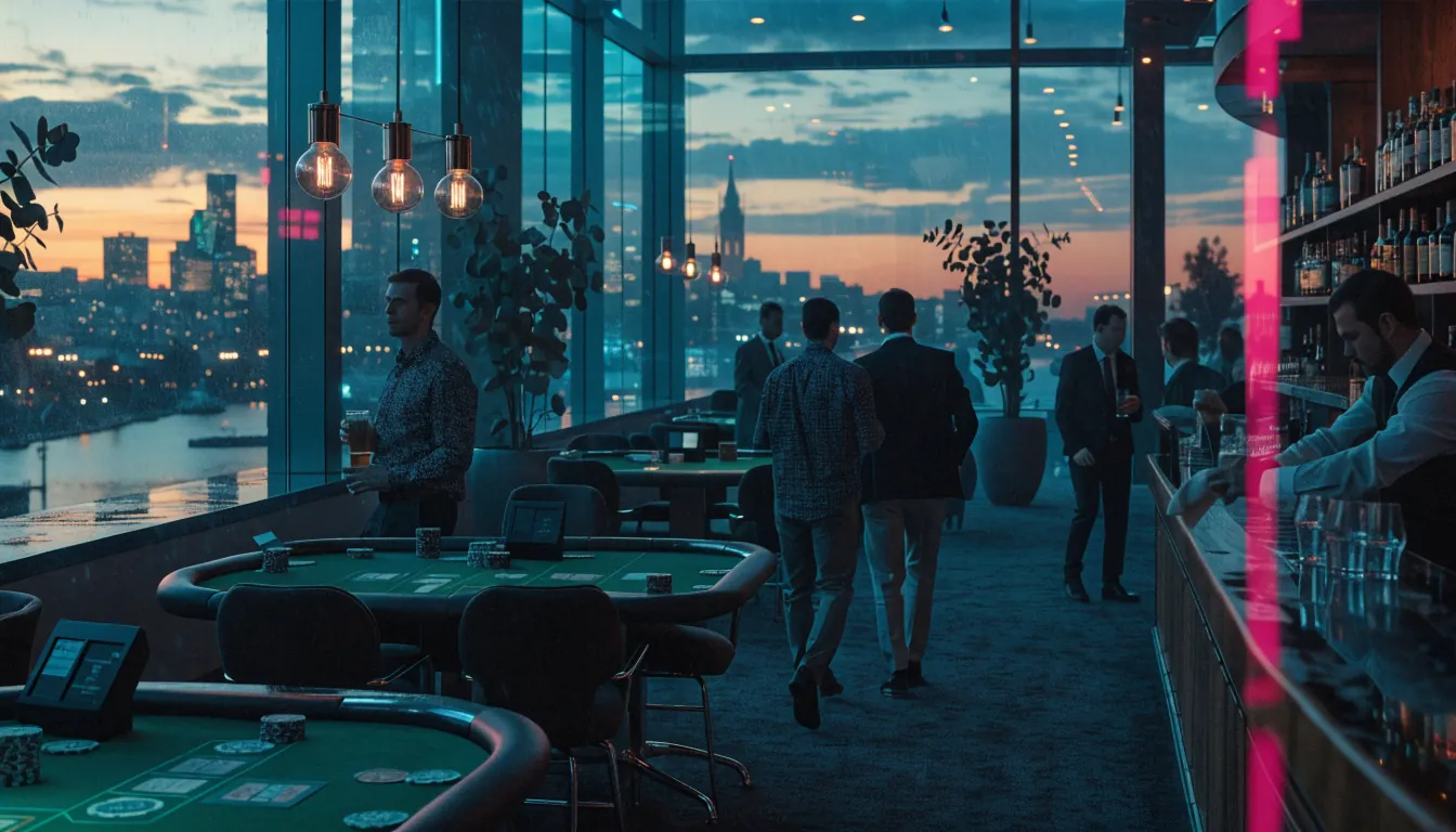 Perth casino interior at dusk with gaming tables, chips, bar, and Swan River skyline view.