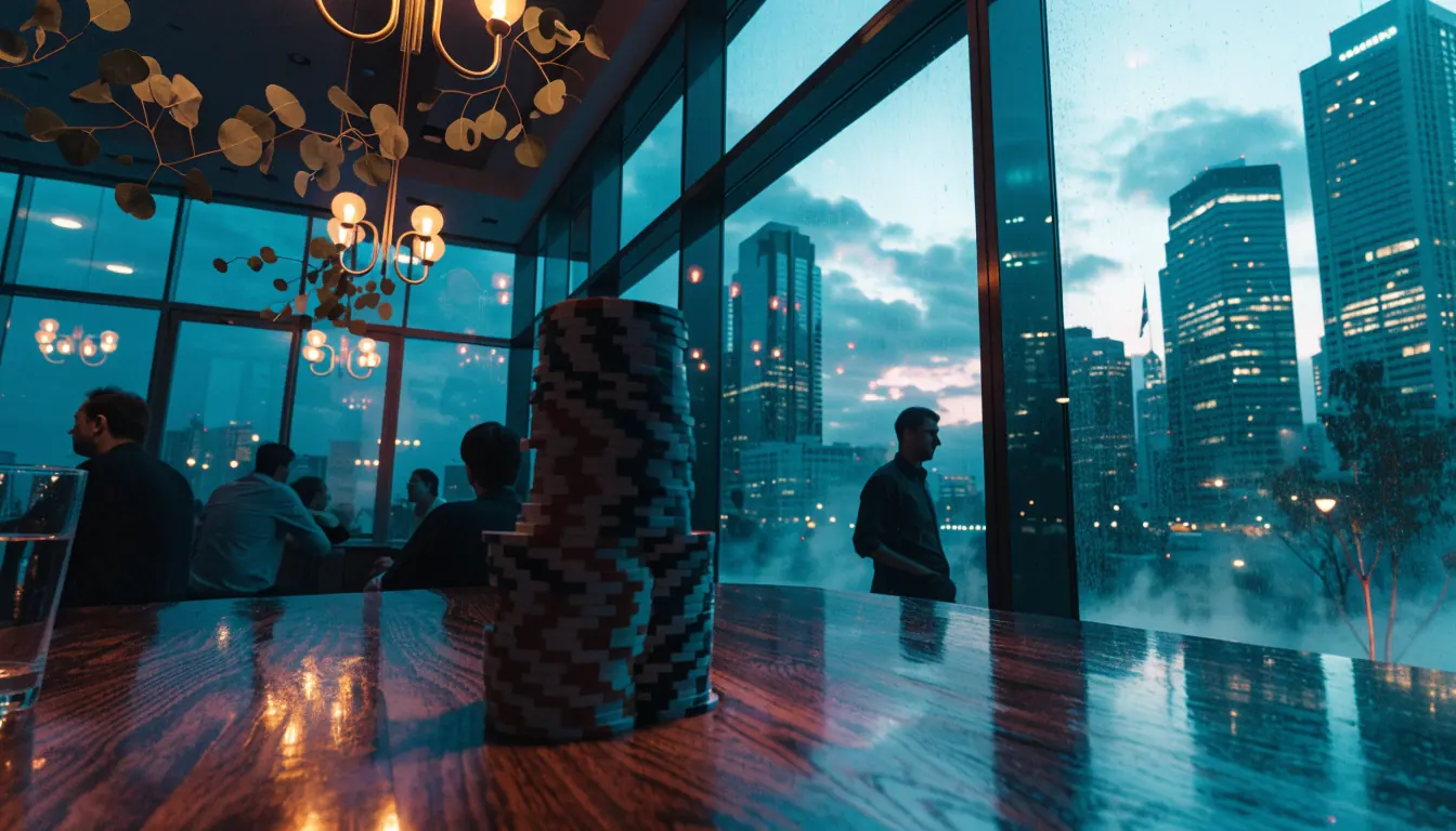 Casino chips stacked on wooden table inside an Australian gaming lounge at twilight with city skyline