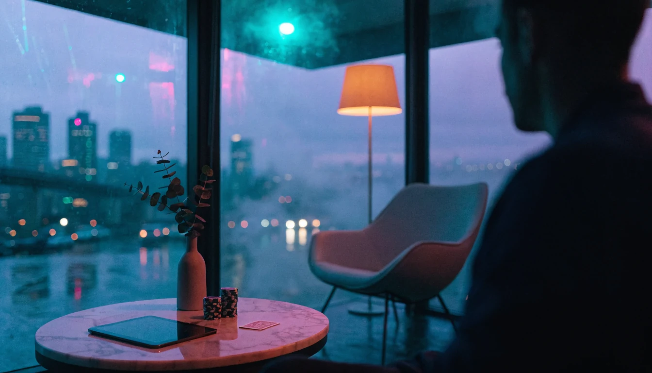 Modern Australian apartment at dusk overlooking Sydney Harbour with poker chips on coffee table