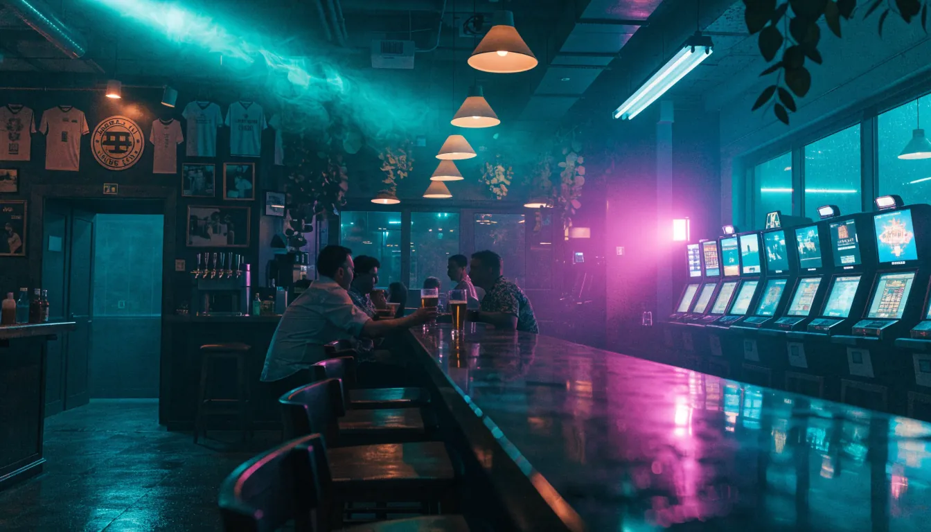 Perth pub interior with a row of gaming machines and patrons at the bar