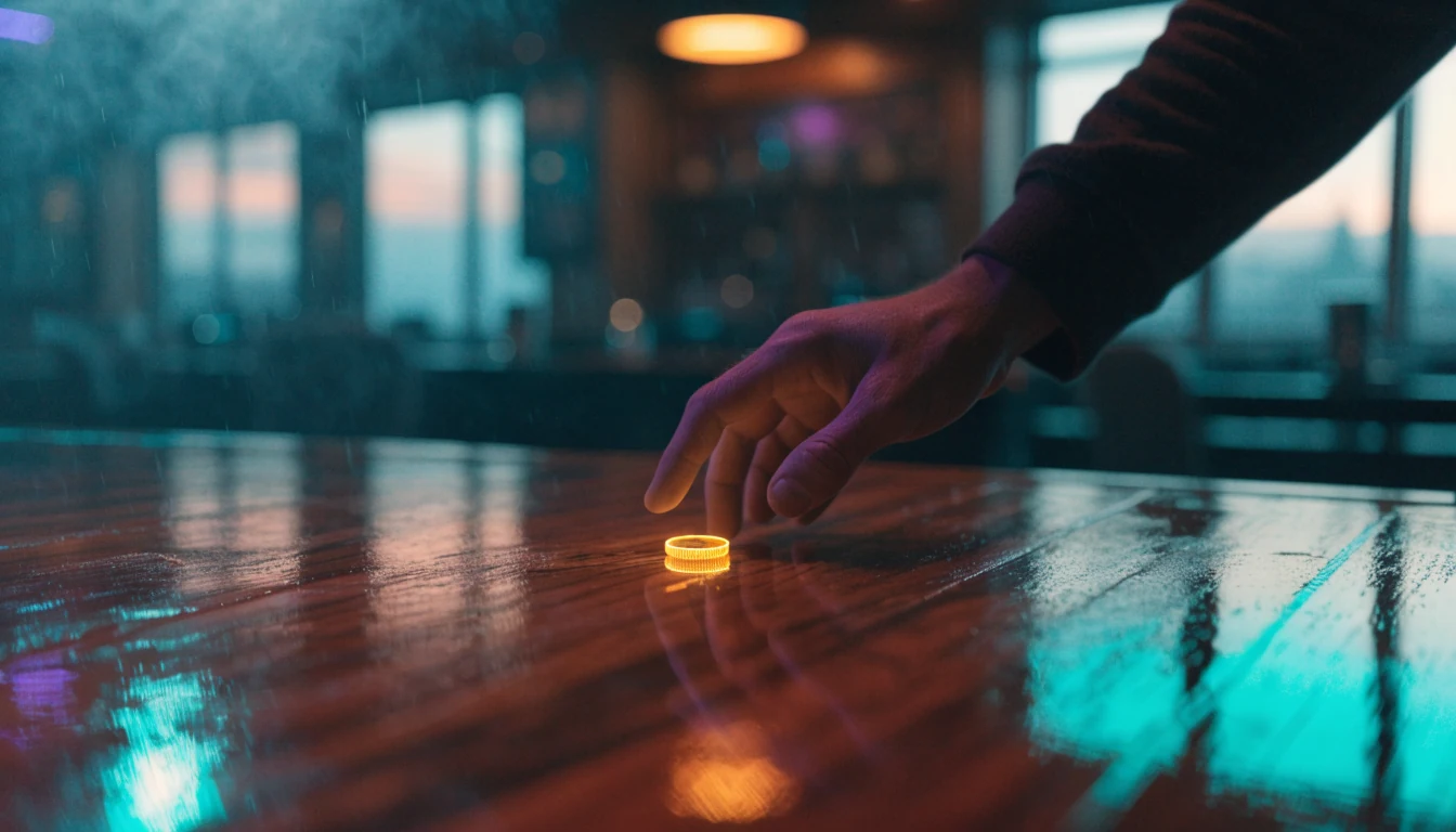 Hand reaching for a glowing golden coin on a wooden bar counter in a warm lounge setting.