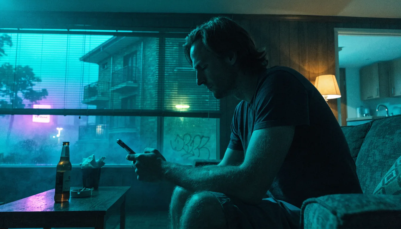 Australian man on couch with smartphone at night in suburban living room.