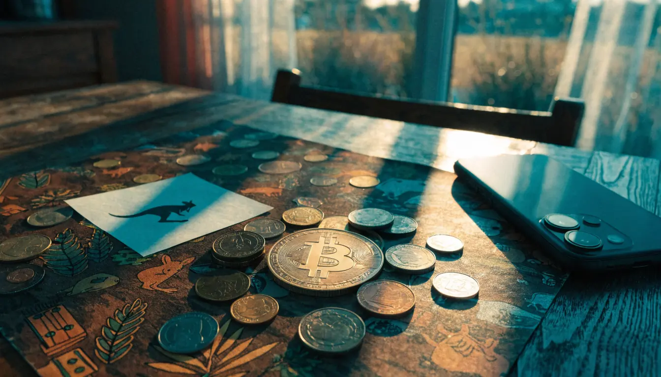Bitcoin token with Australian coins on a wooden table in a home setting.