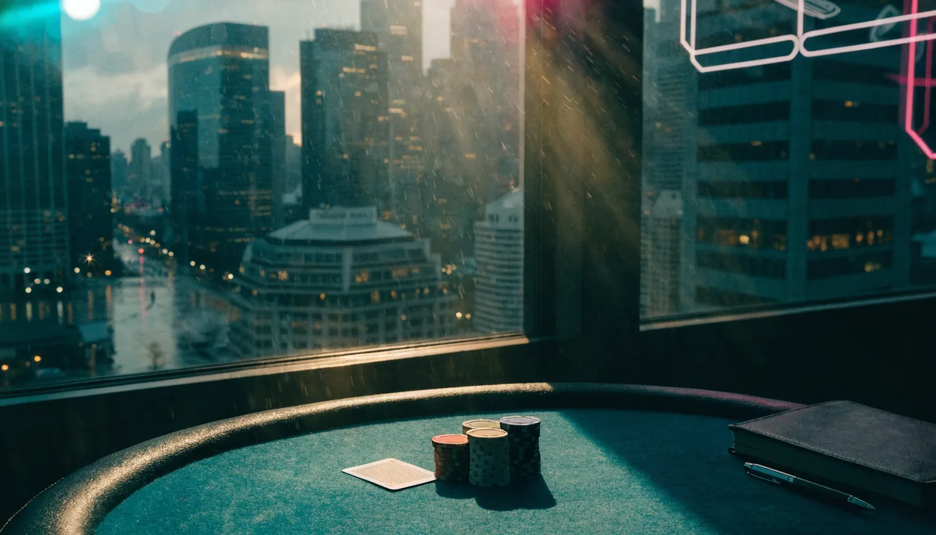 Casino chips and a face-down card on green felt with an Australian city skyline at dusk.