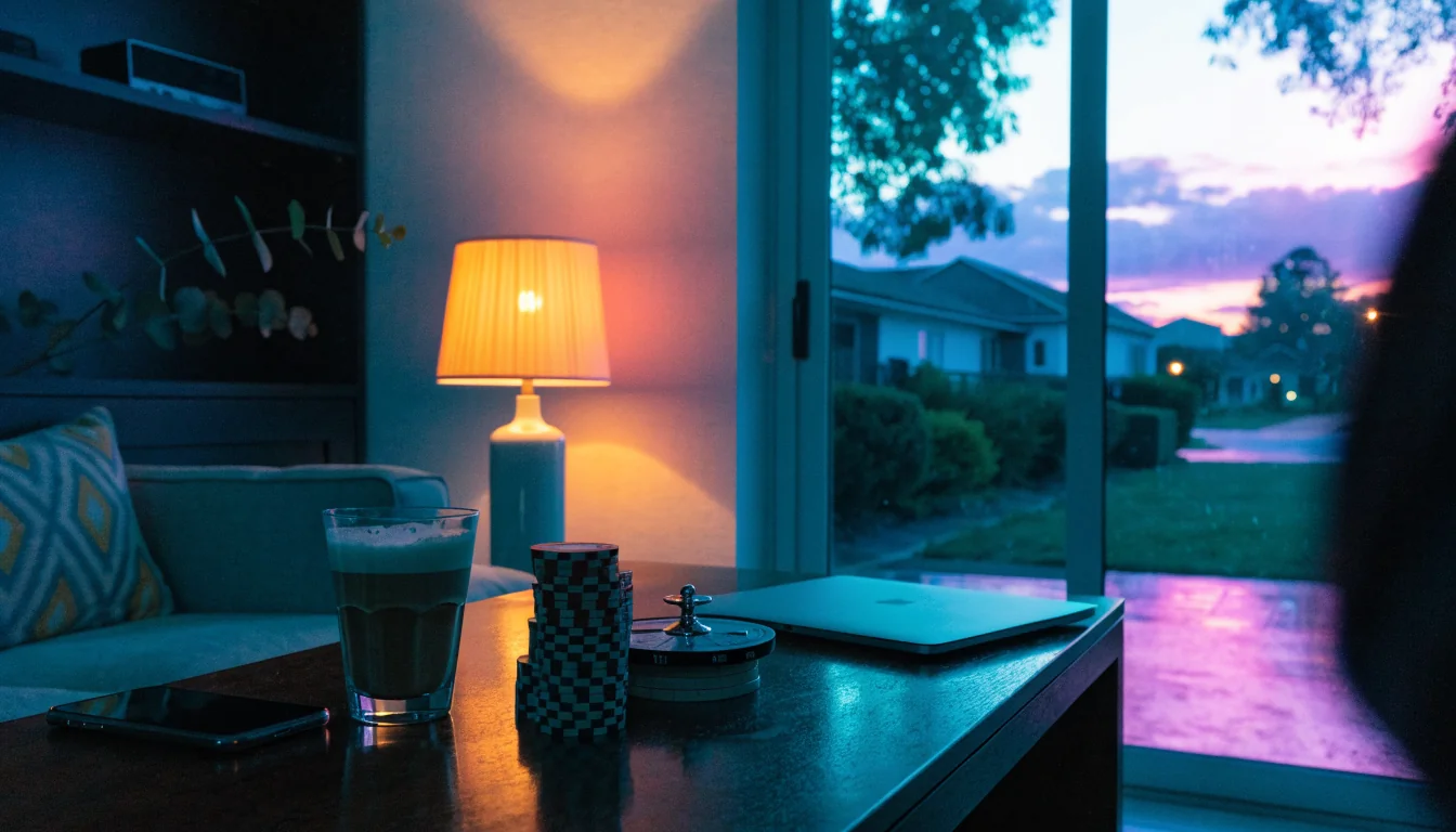 Australian home interior with payment device, casino chips, and roulette wheel.