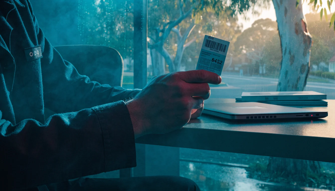 Australian player holding a prepaid voucher next to a laptop at home