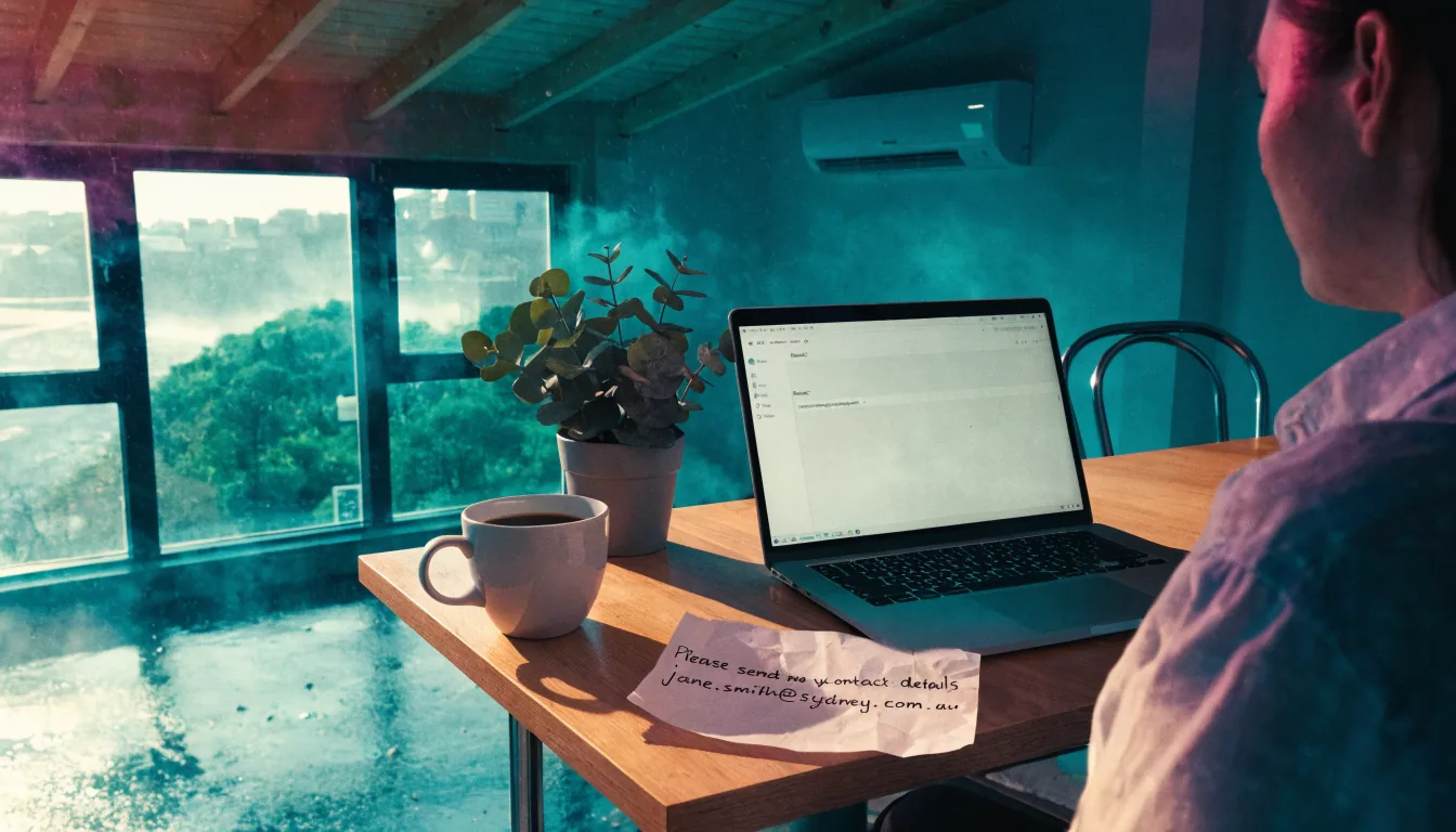 Minimalist home-office desk with laptop, email note, and eucalyptus plant near a sunny window.