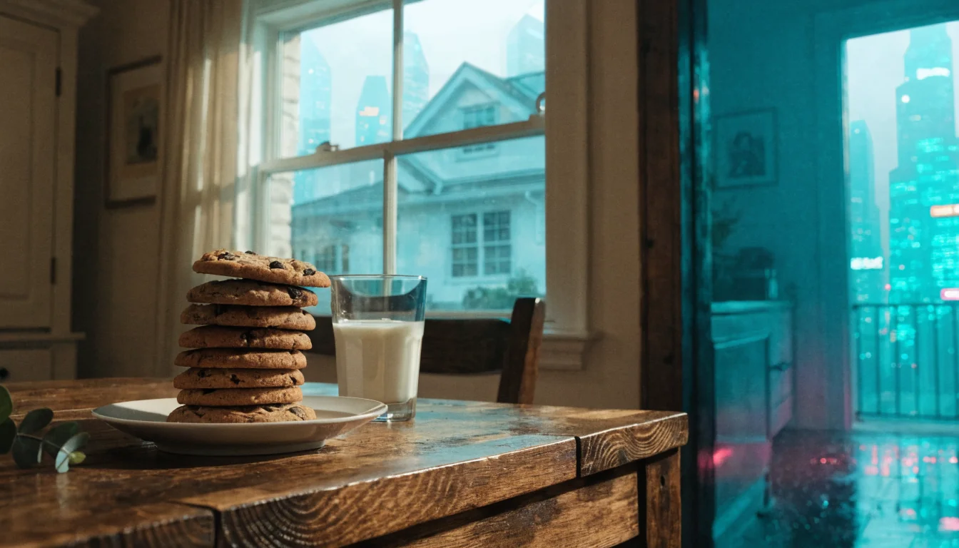 Plate of chocolate chip cookies with milk on a wooden kitchen table
