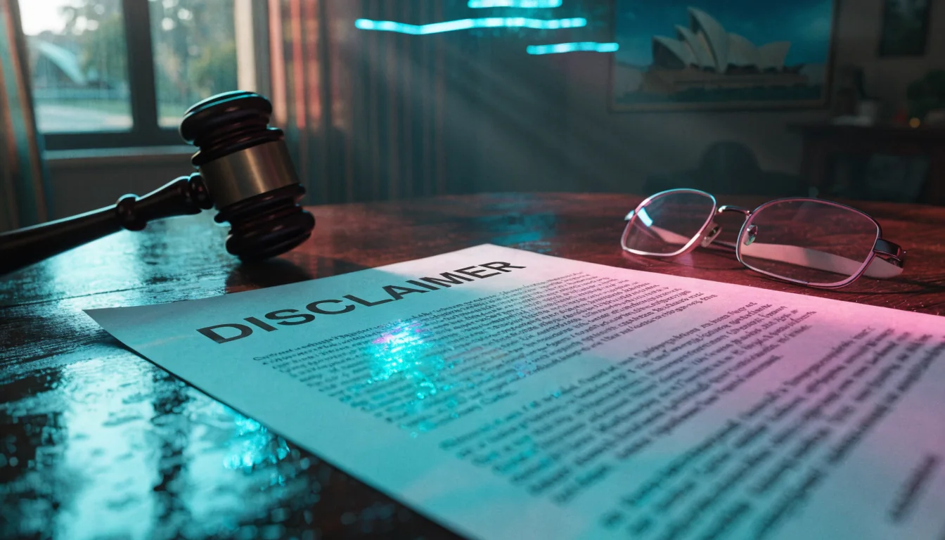 Legal disclaimer document on a desk with a gavel and reading glasses