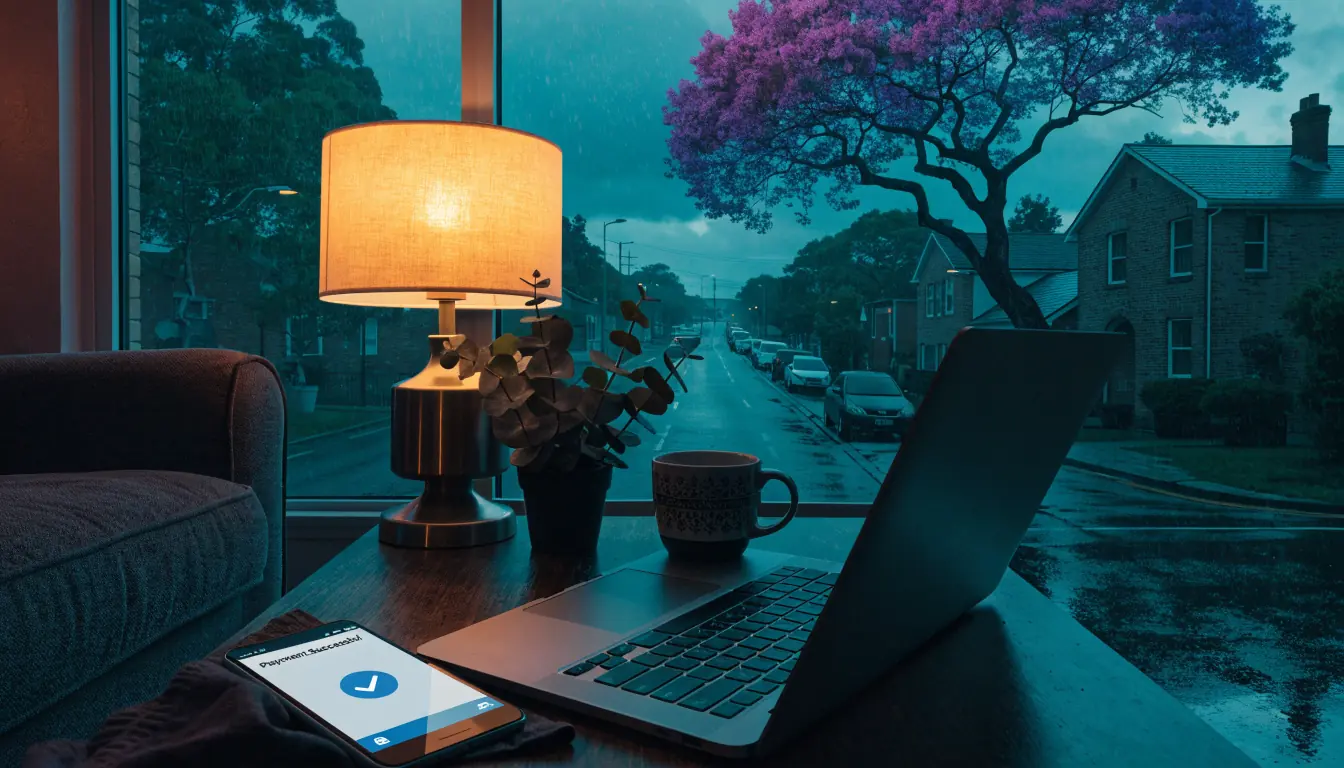 Laptop and phone on a coffee table in an Australian home at dusk, representing PayID withdrawal confirmation.
