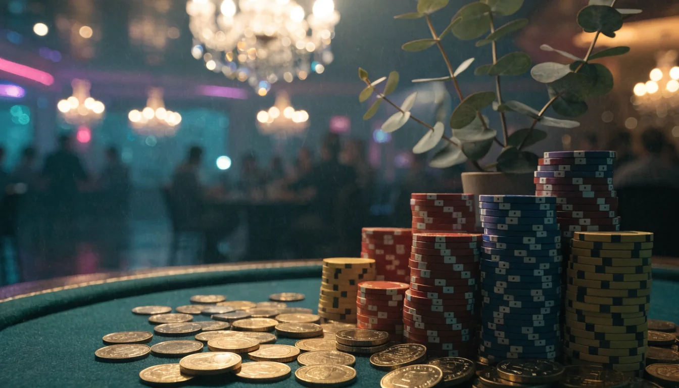 Poker chip stacks and gold coins on green felt with a small eucalyptus plant