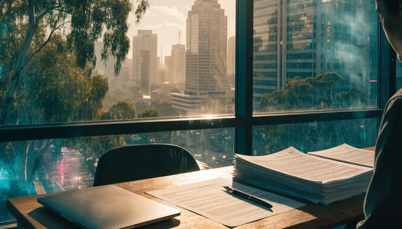 Australian office desk with legal documents, fountain pen, and closed laptop near a window with eucalyptus and city view.