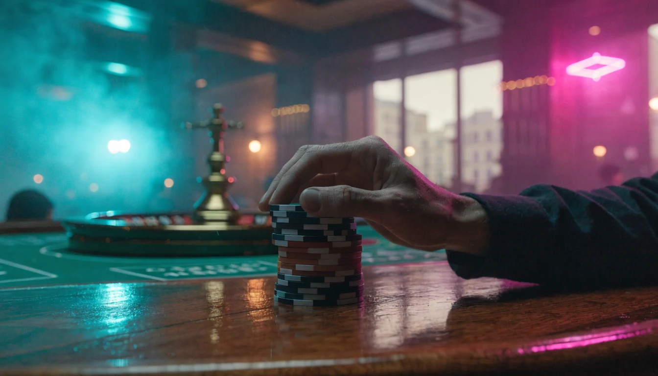 Casino chips on a wooden table near a roulette wheel in an Australian casino lounge.