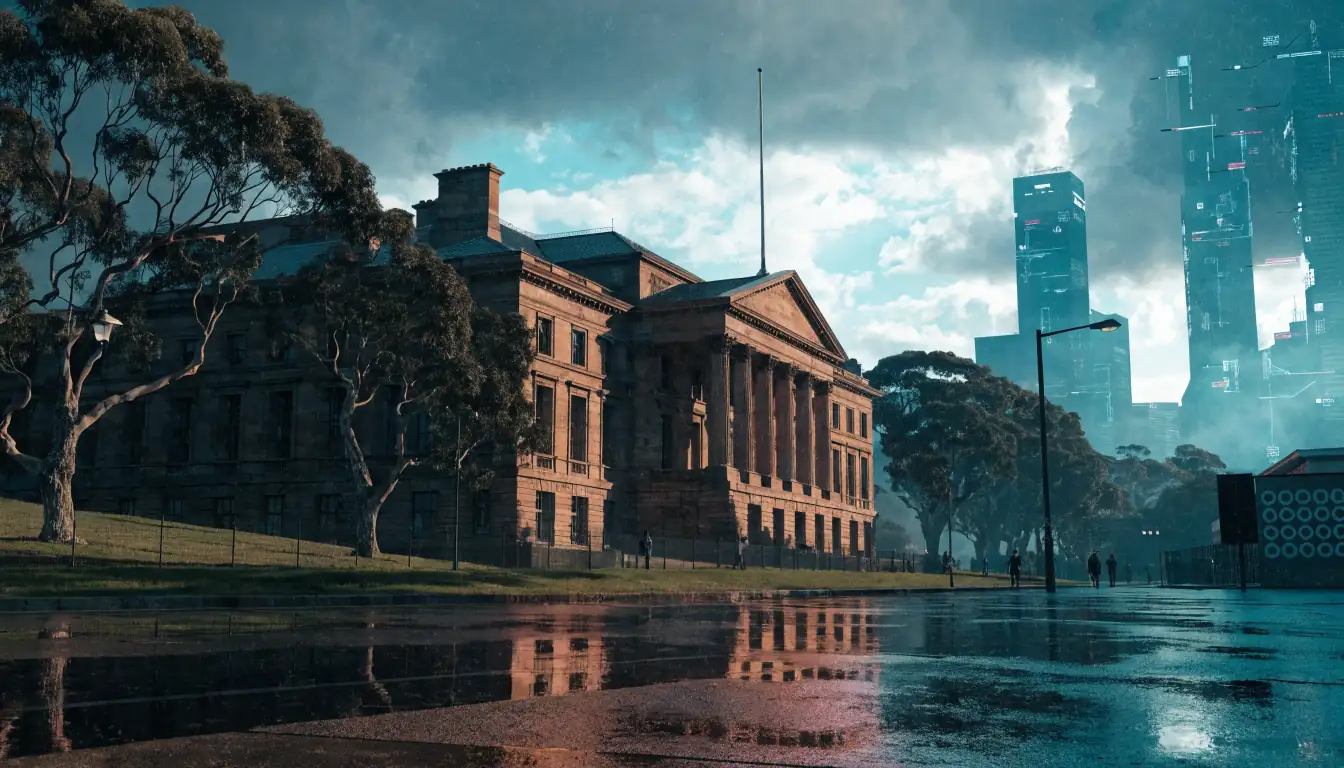 Sandstone parliament building behind eucalyptus trees under Australian morning sun.