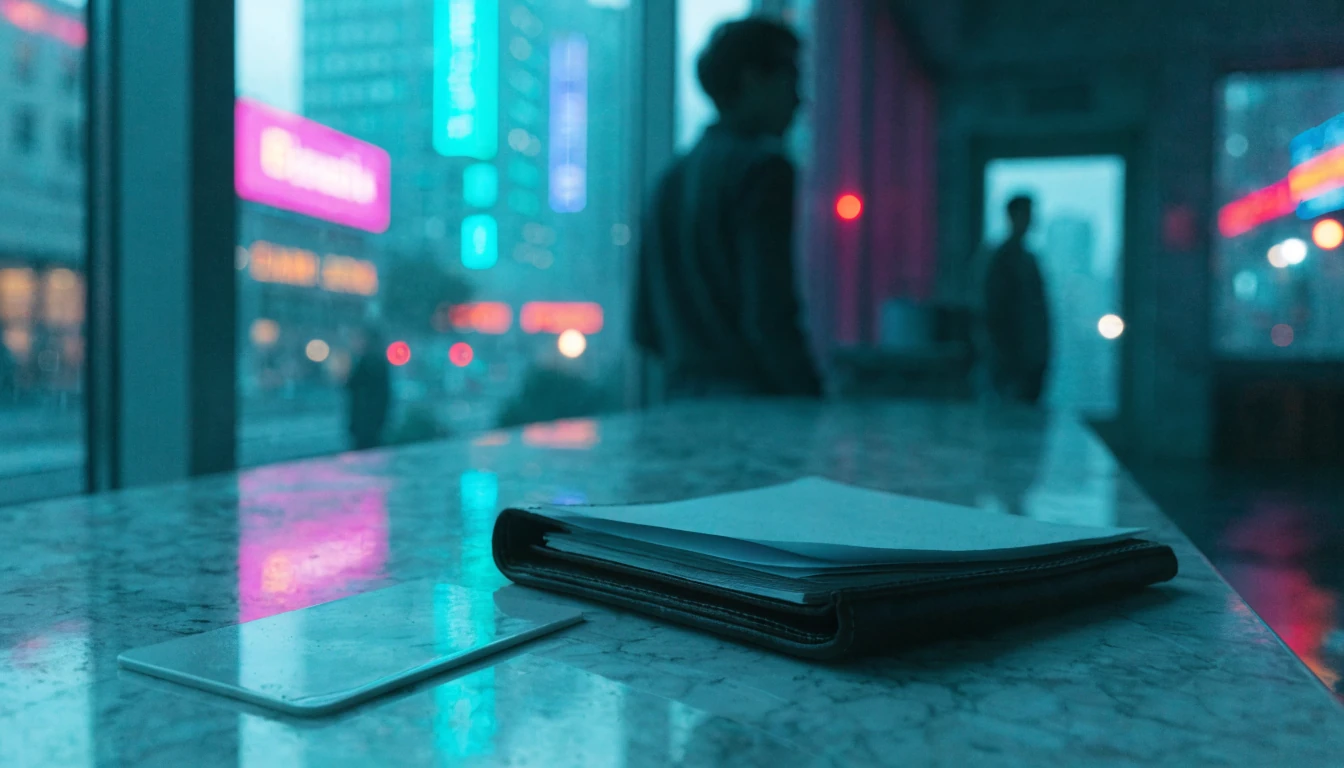 Unmarked card beside an open leather folder of blank papers on a counter.