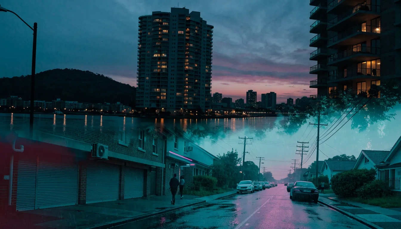 Layered view of lit Australian skyline at dusk over quiet misty morning street.