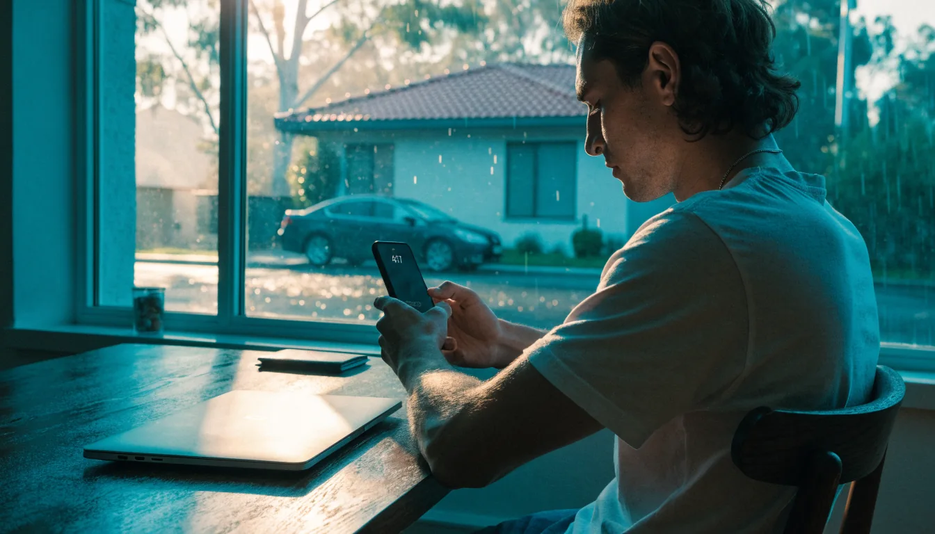 Australian player at home using smartphone near laptop on a sunlit table with eucalyptus trees outside
