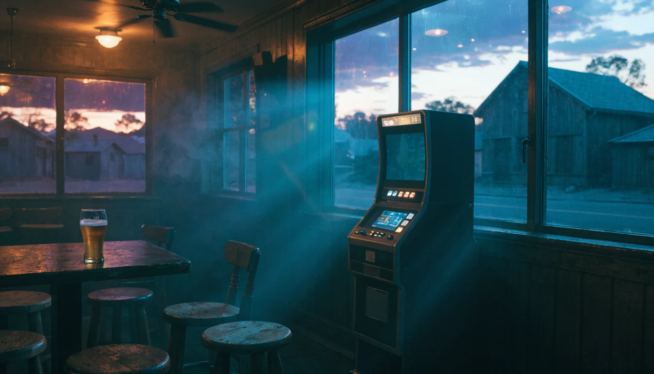 Australian pub interior with an illuminated pokie machine in the corner at dusk.