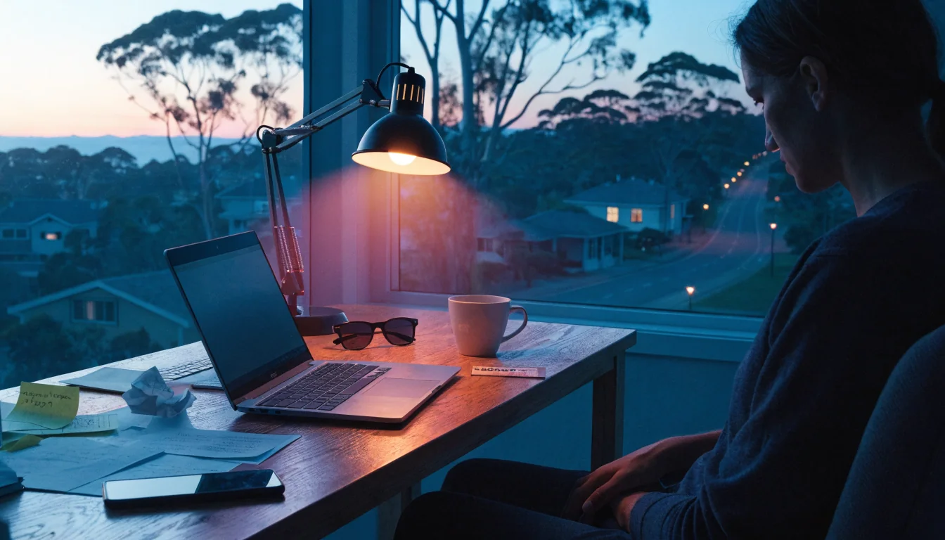 Australian home office with Neosurf voucher and smartphone at dusk