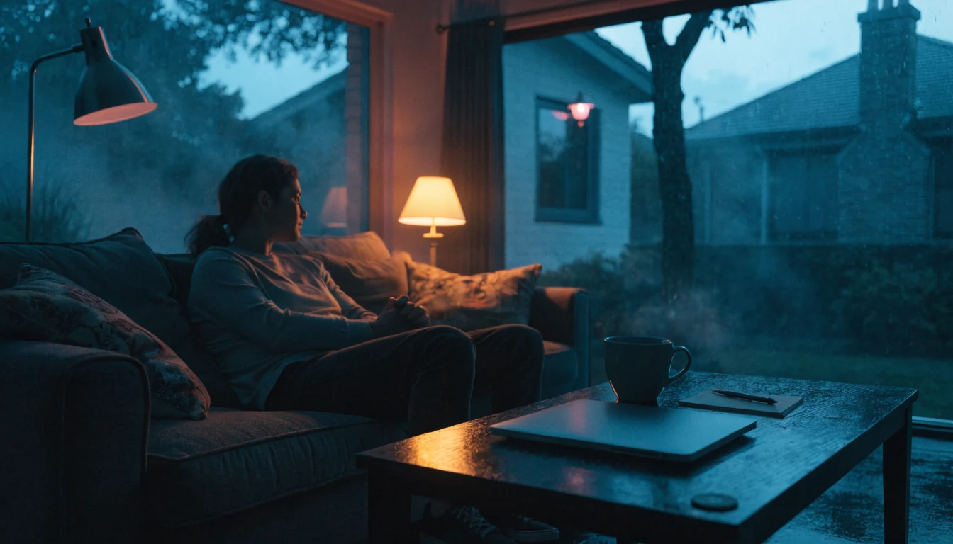 Person pausing beside a closed laptop, coffee mug and a single chip, reflecting on responsible play.