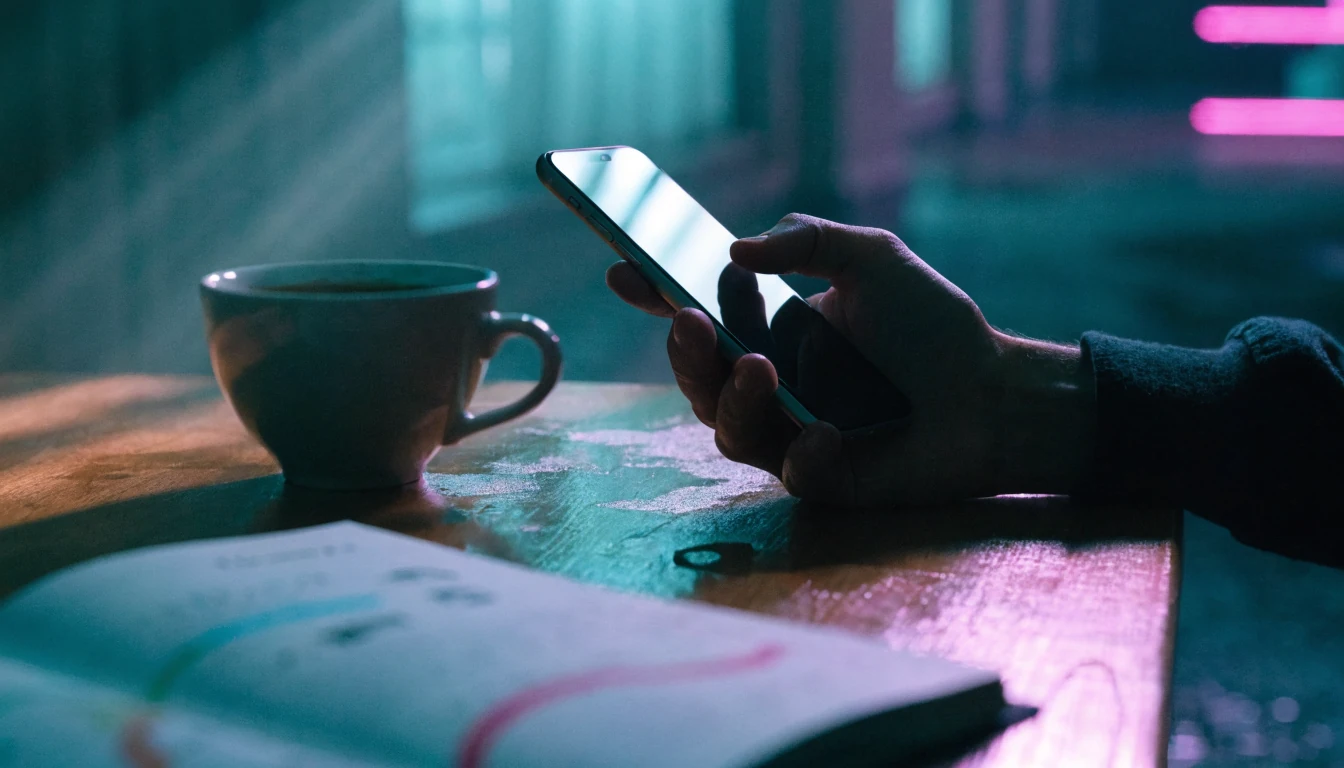 Hand holding a smartphone with a padlock shadow on a desk