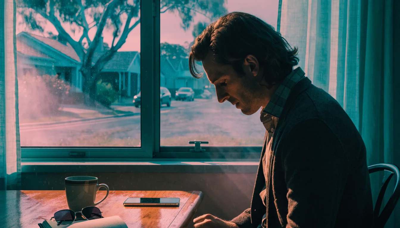 Australian player at home desk checking phone face-down, awaiting same-day casino payout.