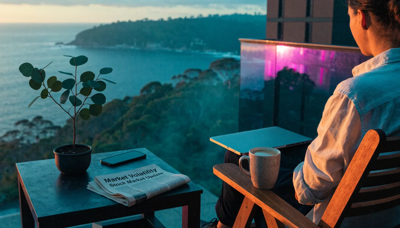 Australian apartment balcony with closed laptop, coffee, and ocean view