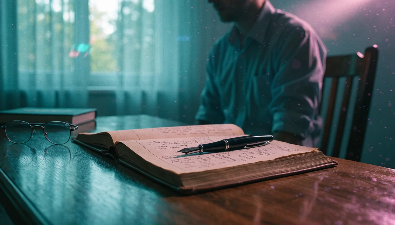 Legal terms document with fountain pen on a wooden desk in soft light