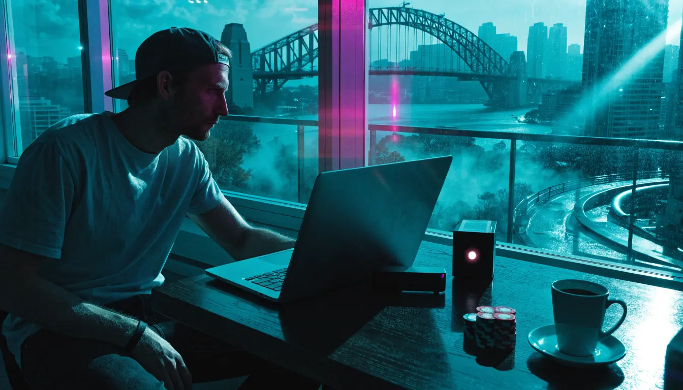 Australian man at laptop with VPN router and poker chips, Sydney view